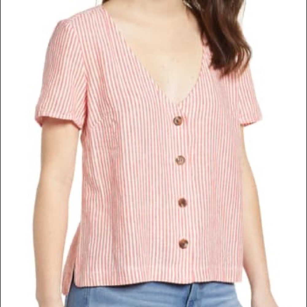 Button front linen blend top